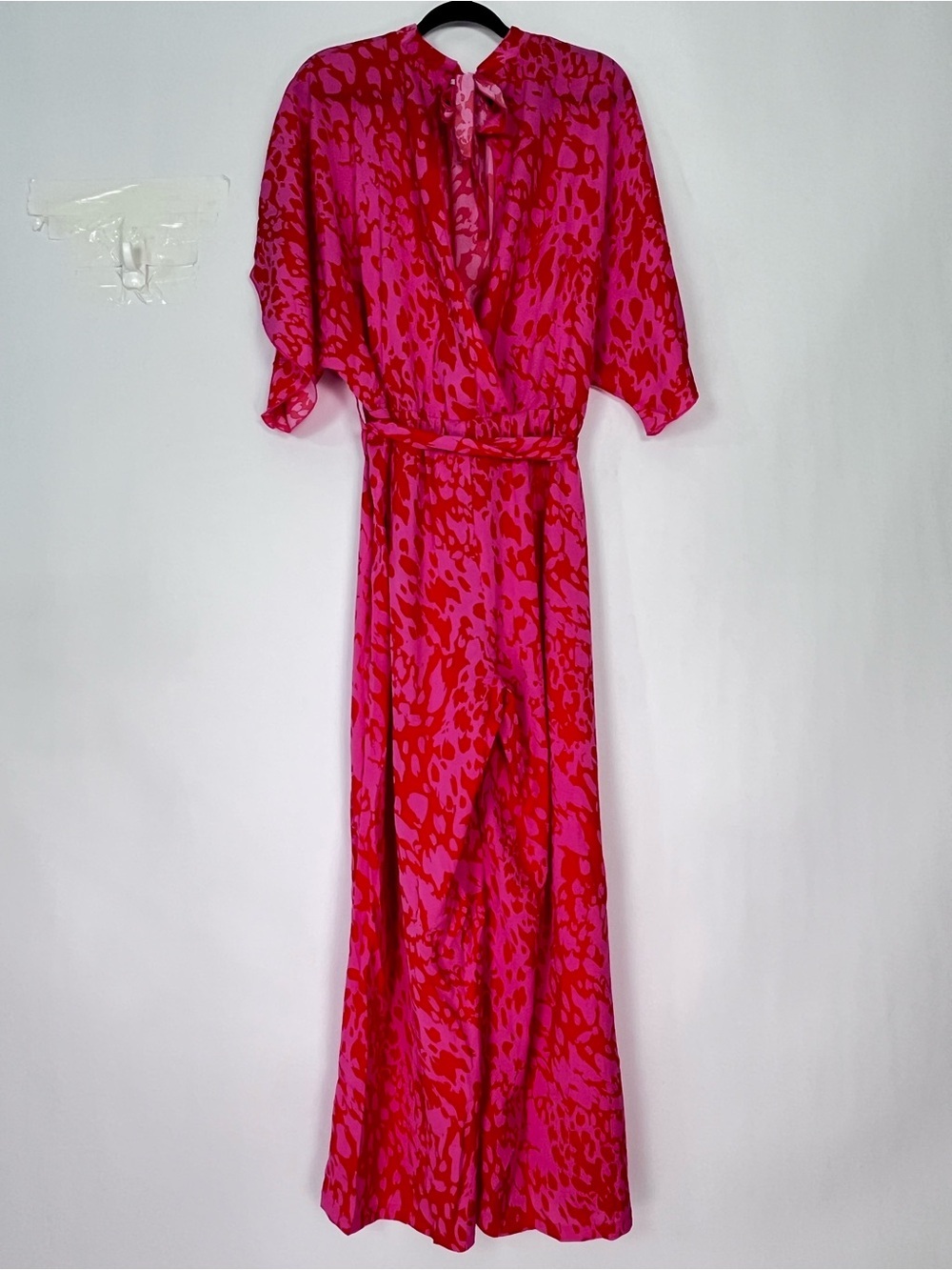 Pink Rose Leopard Print Tulip Sleeve Belted Wide Leg Jumpsuit Sz XL - Picture 6 of 9